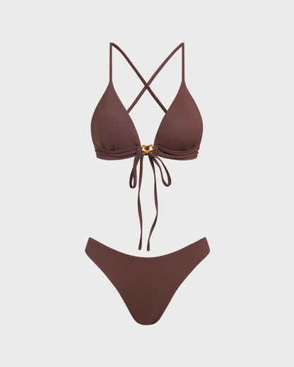 Conjunto de Bikini de Nudo con Rayas Marrón