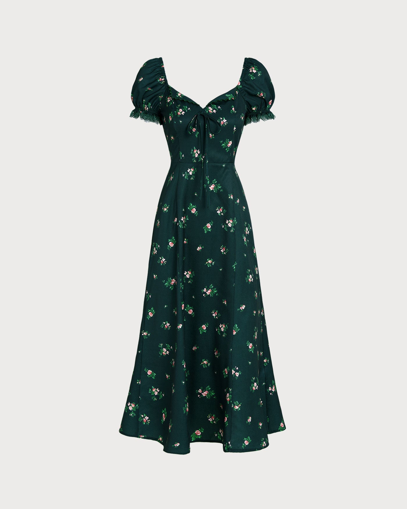 Vestido Midi Floral con Mangas Abullonadas Verdes