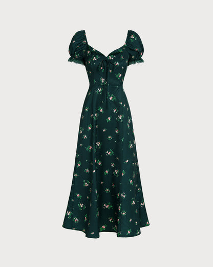 Vestido Midi Floral con Mangas Abullonadas Verdes