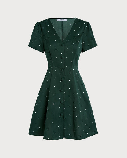 Vestido Mini de Lunares Verde con Escote en V