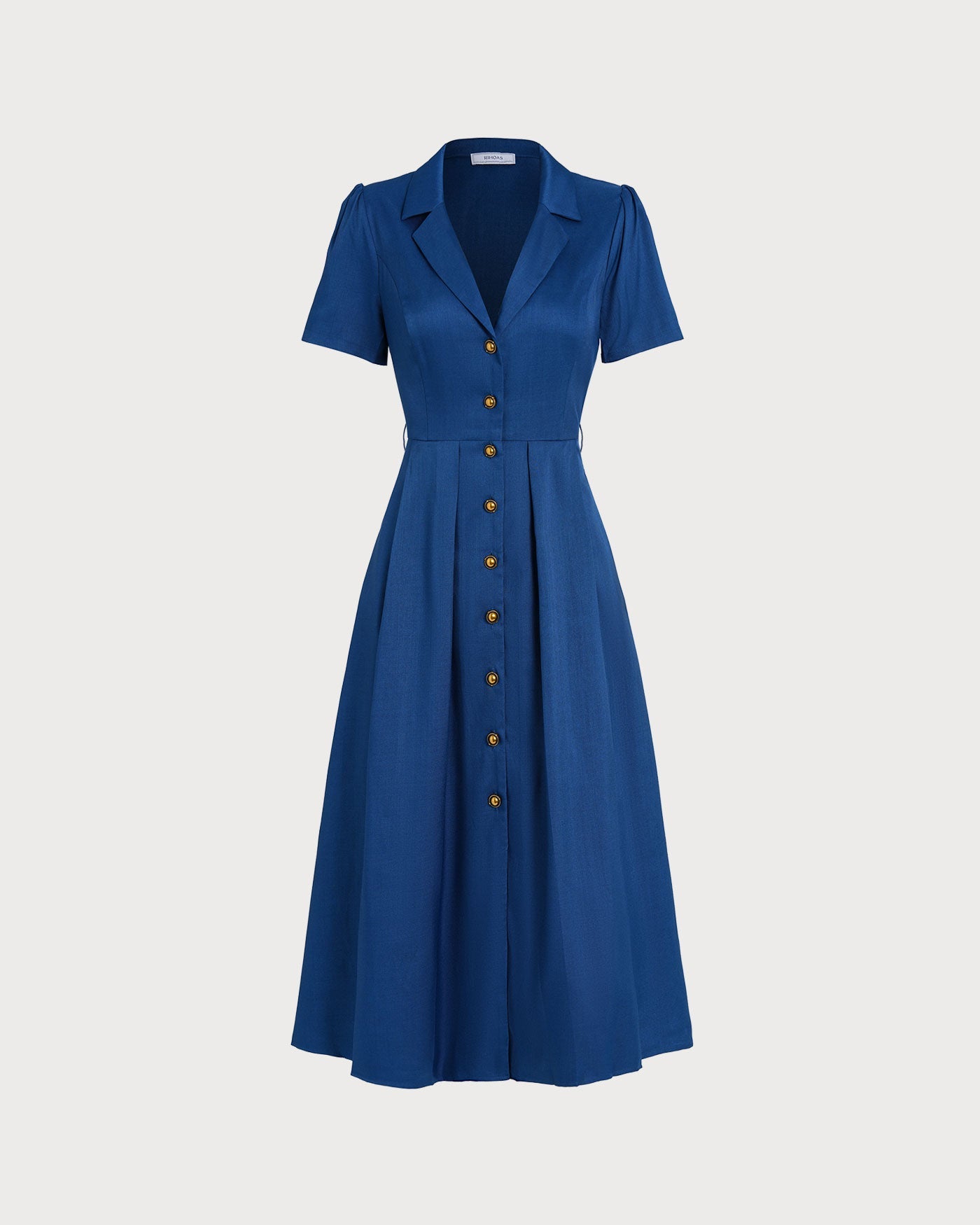 Vestido Midi Con Botones Plisado Azul Con Escote En V
