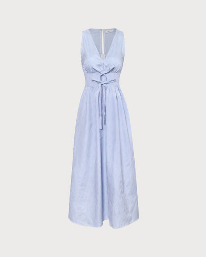 El Vestido Largo Maxi Rayado con Escote en V Azul