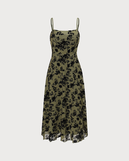 El Vestido Midi A-Line de Quemado Floral Verde