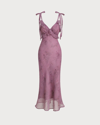 Vestido Midi con Volantes y Tirantes de Flores Moradas