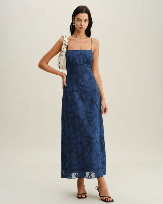 Vestido Maxi Sin Espalda Jacquard Marino