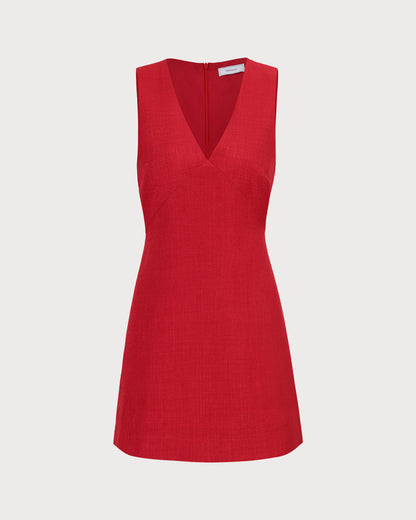 El Vestido Mini Sin Mangas de Lino con Escote en V Rojo