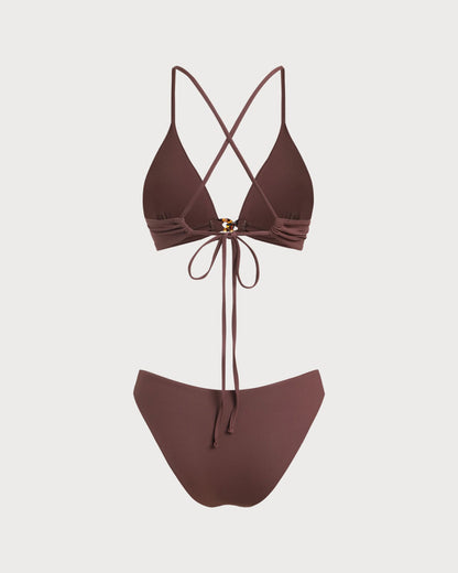 Conjunto de Bikini de Nudo con Rayas Marrón