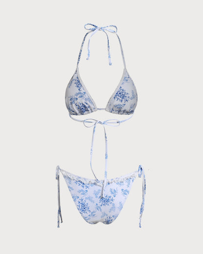 Conjunto de Bikini con Cordón Floral Azul