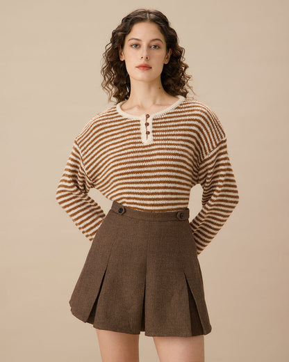 Falda Mini Plisada a Rayas Marrón