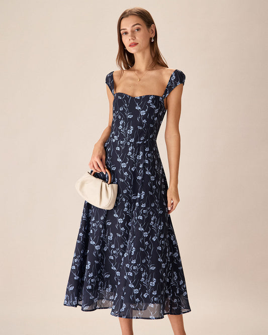 Vestido Midi con Escote Corazón Floral en Azul Marino