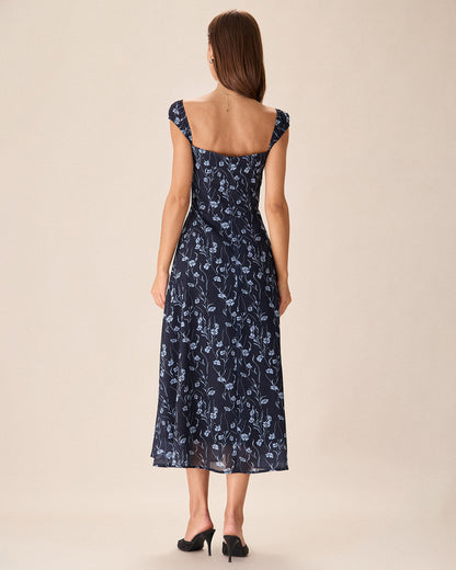 Vestido Midi con Escote Corazón Floral en Azul Marino