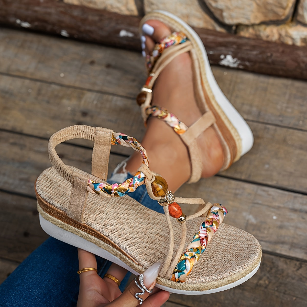Maëva | Sandalias de Cuña Trenzadas Bohemias con Perlas