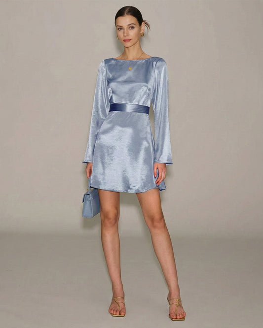 Vestido Mini de Satén con Cuello Barco Azul