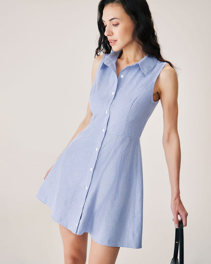 Vestido Mini de Botones a Rayas Azules