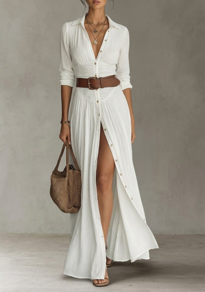 Vestido maxi - largo para mujer con cuello de solapa y mangas largas de lino