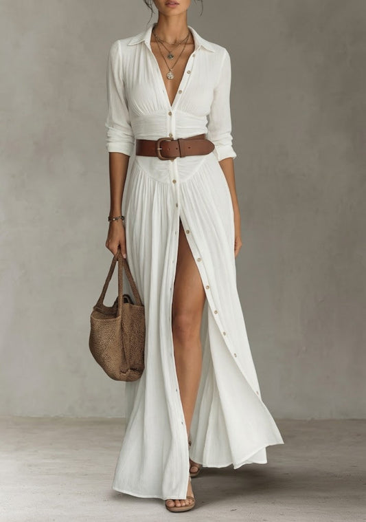 Vestido maxi - largo para mujer con cuello de solapa y mangas largas de lino