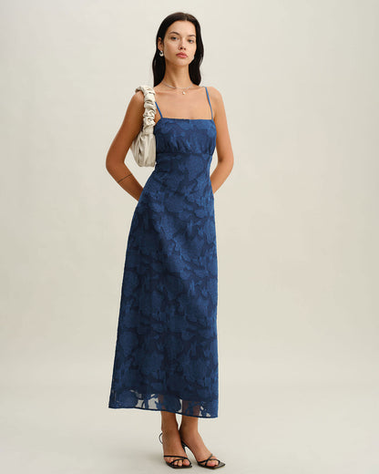 Vestido Maxi Sin Espalda Jacquard Marino