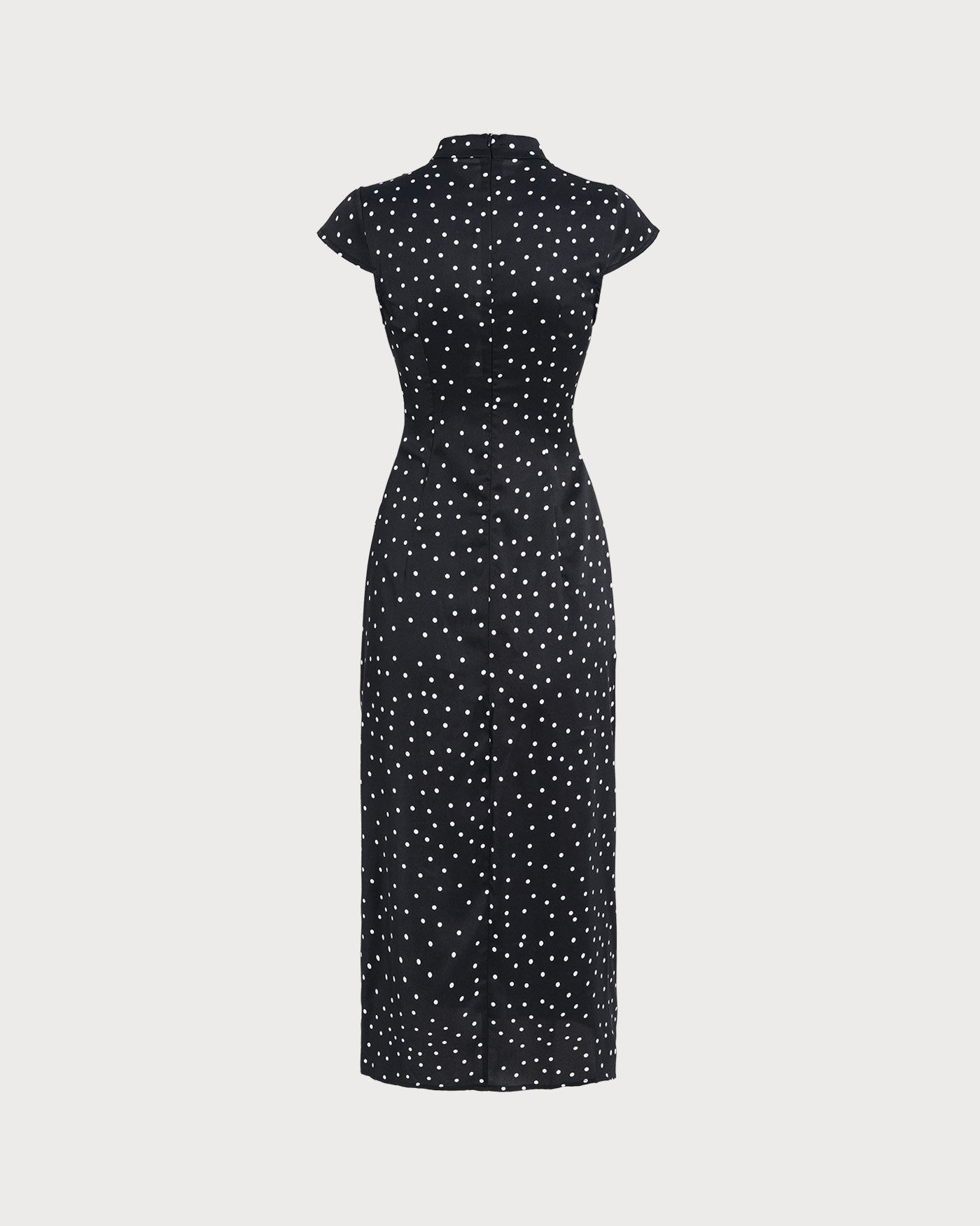 Vestido Midi de Lunares con Cuello Mandarin Negro