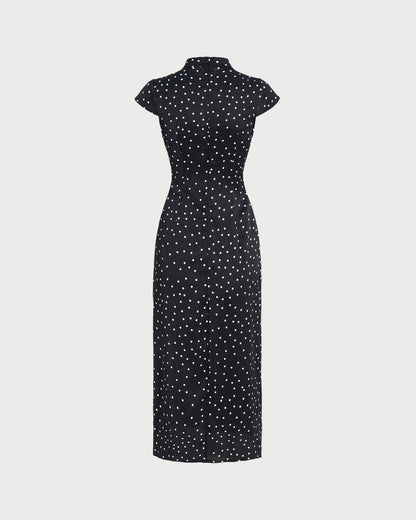 Vestido Midi de Lunares con Cuello Mandarin Negro
