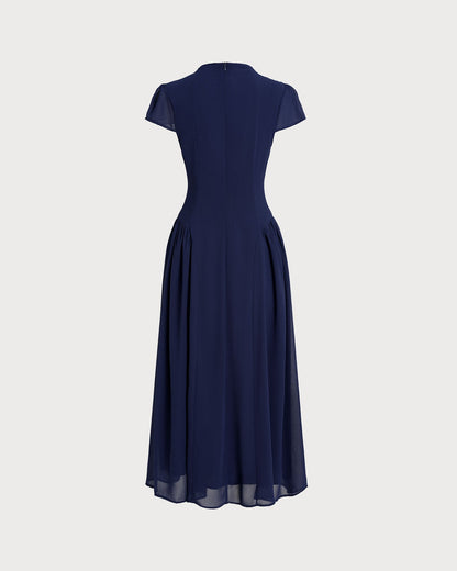 Vestido Midi de Manga Abullonada Azul