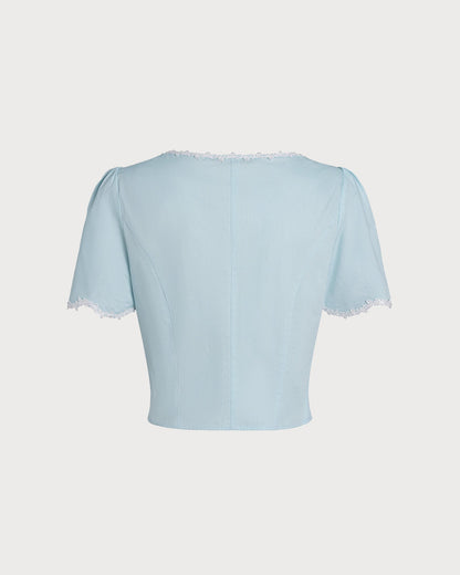 Camisa de Cuello Cuadrado con Botones de Encaje Azul Claro