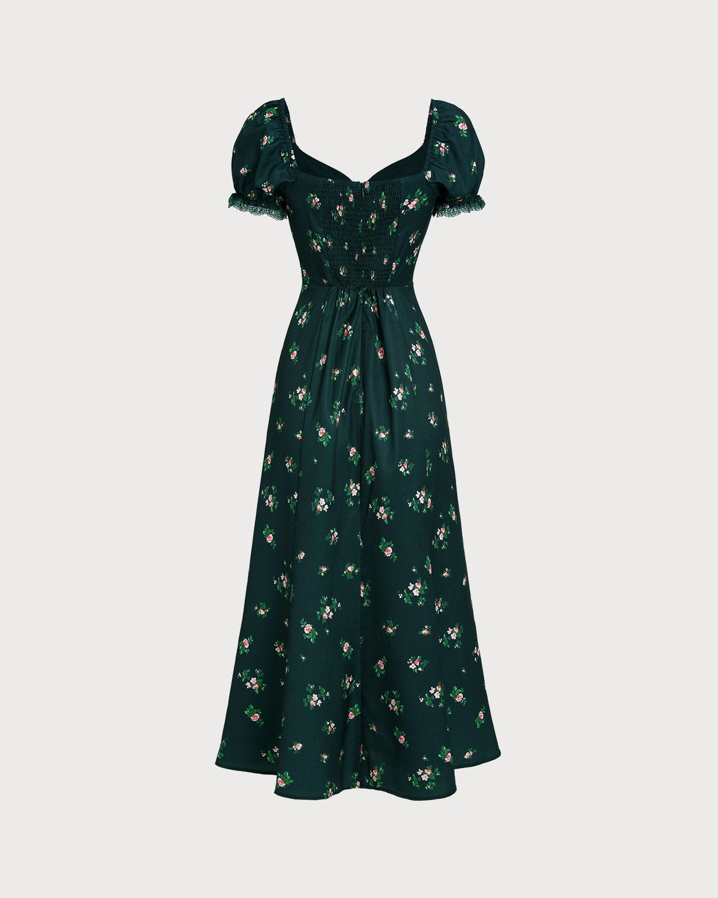 Vestido Midi Floral con Mangas Abullonadas Verdes
