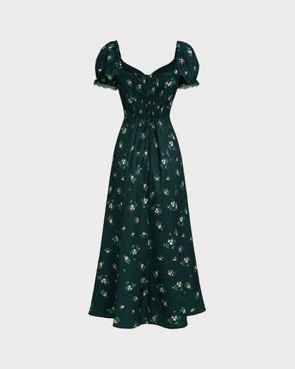 Vestido Midi Floral con Mangas Abullonadas Verdes