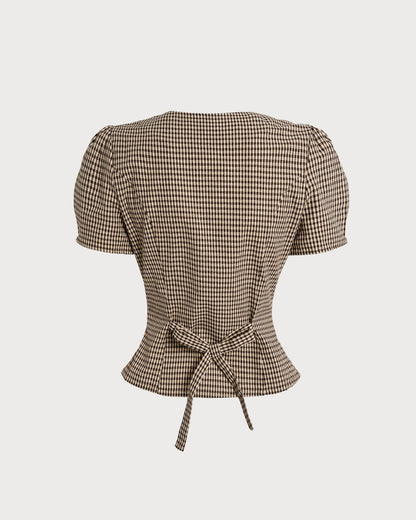 Blusa de Mangas Abullonadas a Cuadros Marrón