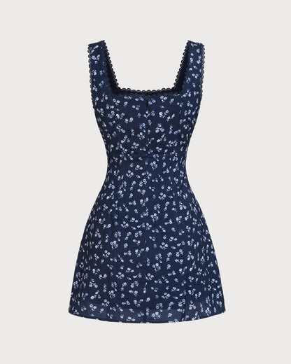 Vestido Mini Sin Mangas con Cuello Cuadrado Floral en Azul Marino