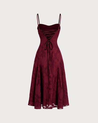 Vestido Midi Jacquard Sin Mangas de Cuello Corazón Color Rojo Vino