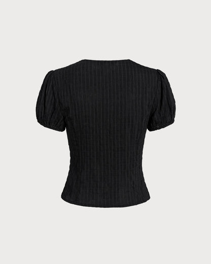 Blusa Negra de Encaje Jacquard con Botones