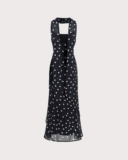 Vestido Maxi Sin Mangas con Lunares Negros