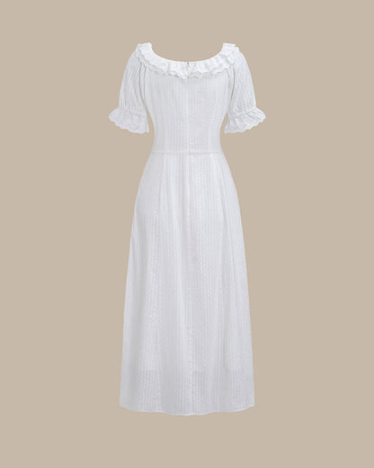 Vestido Maxi de Manga Abullonada con Bordado Blanco