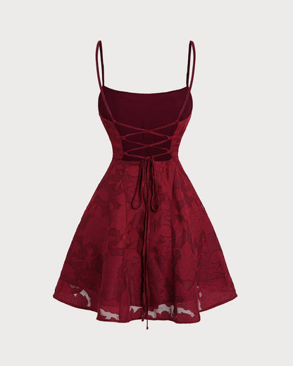 Vestido Mini Sin Espalda Floral Rojo Vino