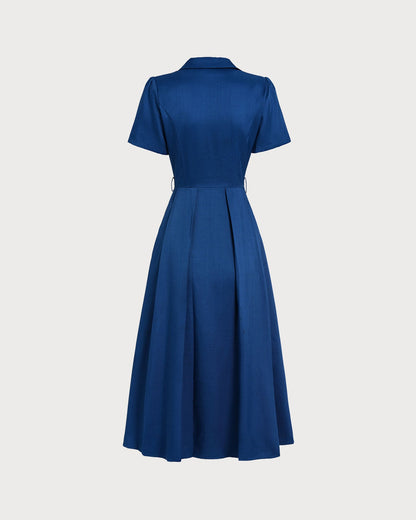 Vestido Midi Con Botones Plisado Azul Con Escote En V