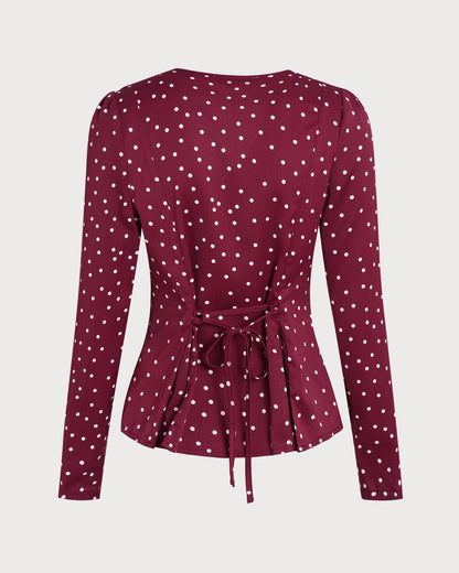 Blusa de Cuello en V con Lunares Rojos Vino