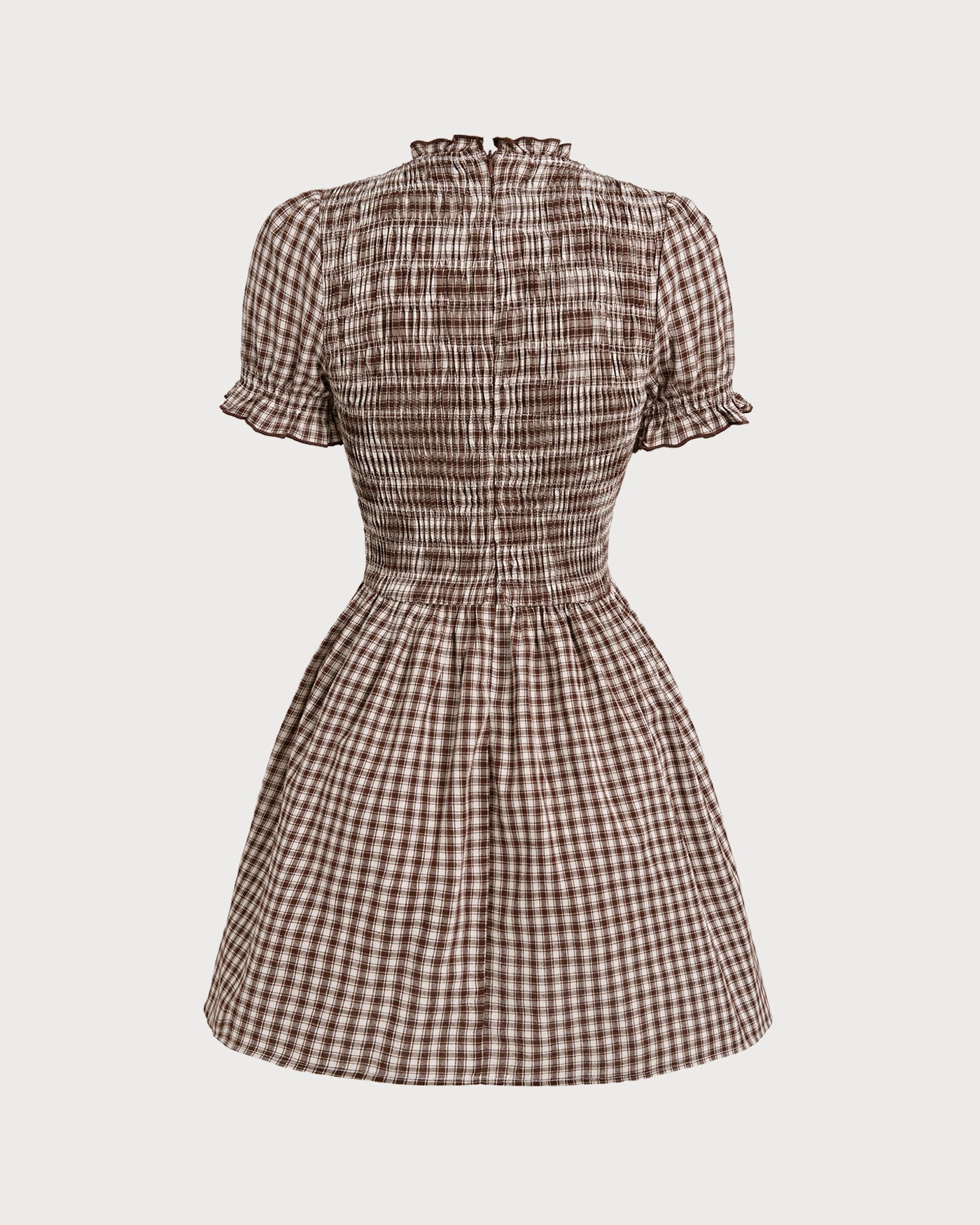 Vestido Mini de Manga Abullonada en Gingham Café