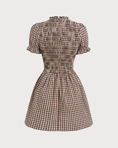 Vestido Mini de Manga Abullonada en Gingham Café