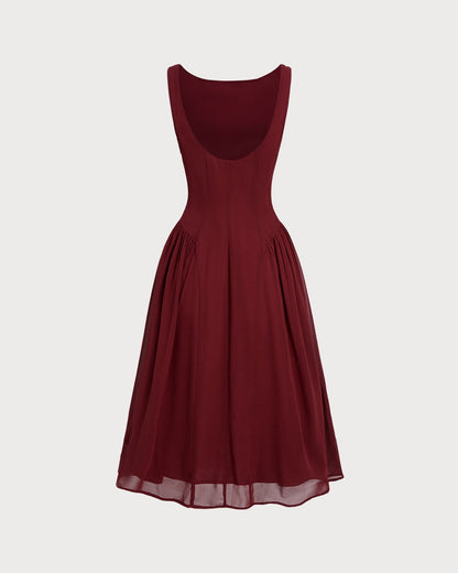 Vestido Midi Sin Mangas de Chifón Color Rojo Vino
