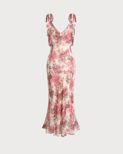 Vestido Midi de Tirantes con Volantes en Floral Rosa