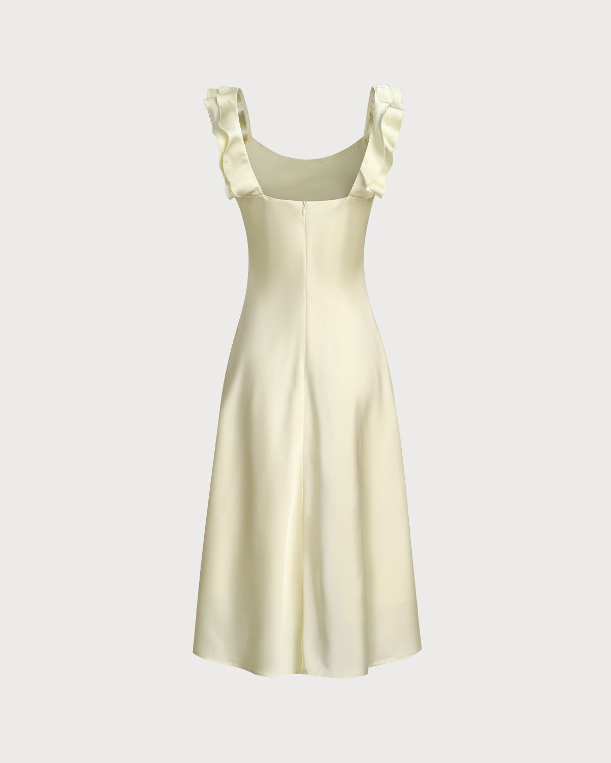 Vestido Midi de Satén con Cuello Cuadrado y Volantes Amarillo