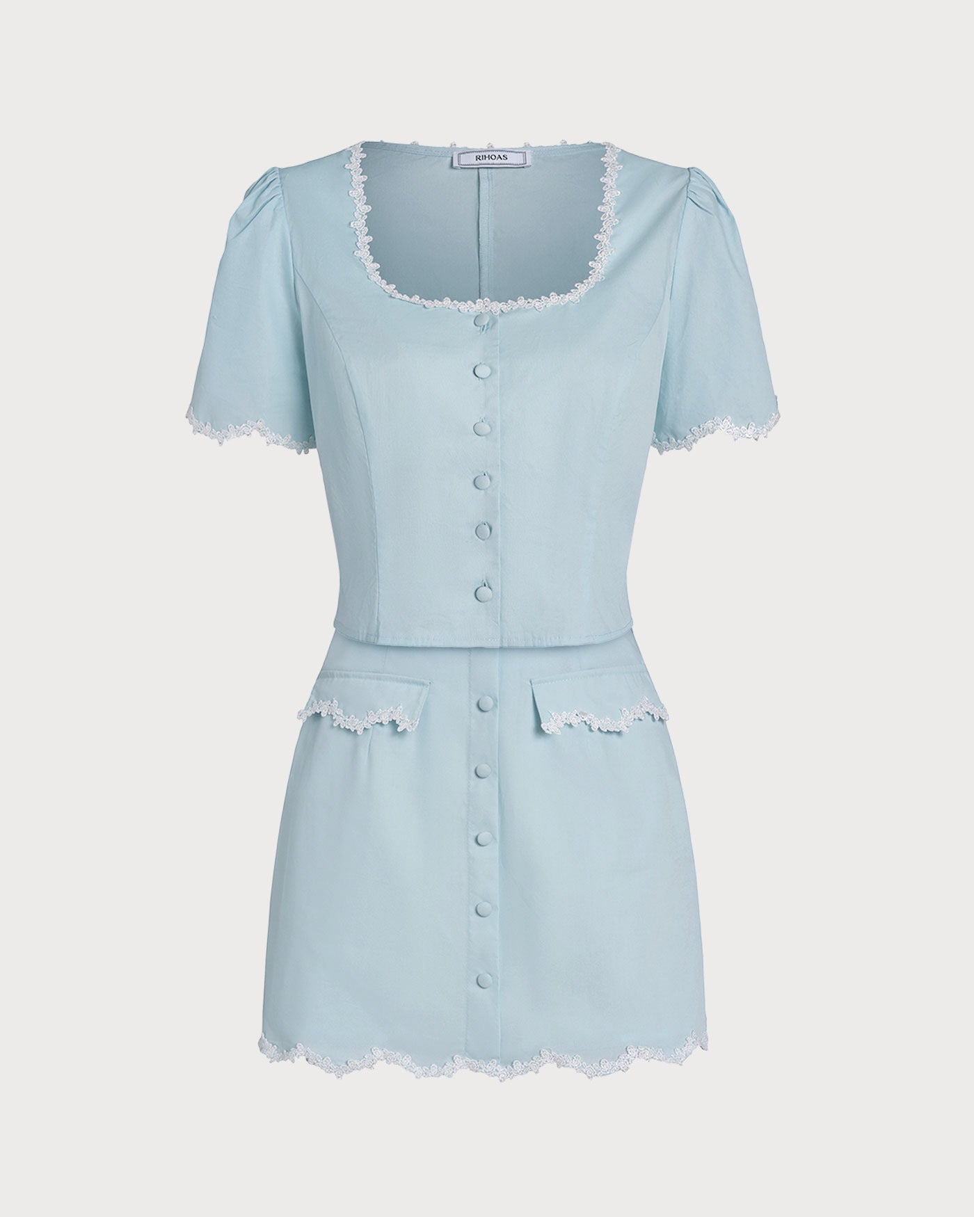 Camisa de Cuello Cuadrado con Botones de Encaje Azul Claro