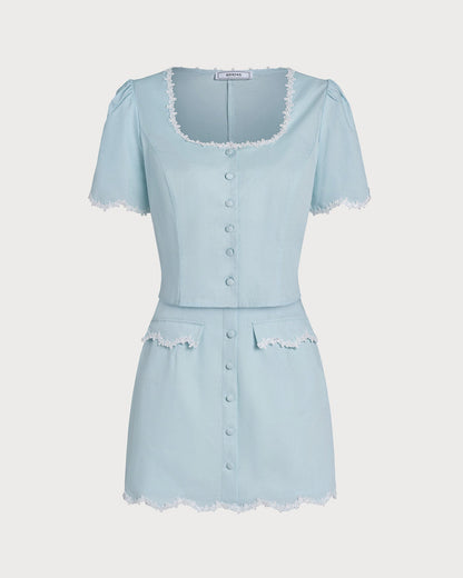 Camisa de Cuello Cuadrado con Botones de Encaje Azul Claro