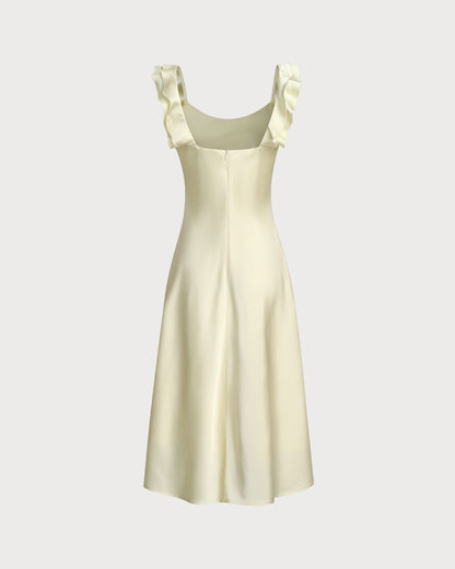 Vestido Midi de Satén con Cuello Cuadrado y Volantes Amarillo