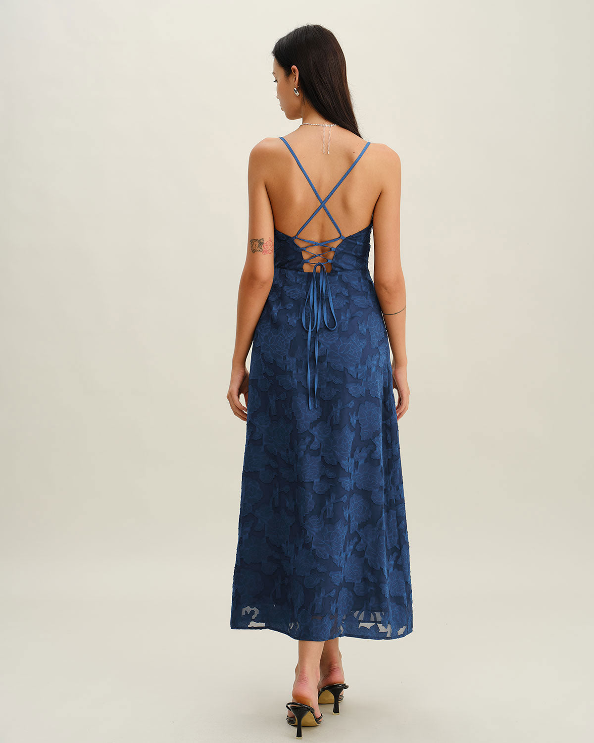Vestido Maxi Sin Espalda Jacquard Marino