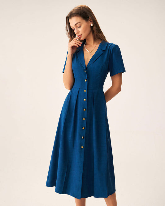 Vestido Midi Con Botones Plisado Azul Con Escote En V