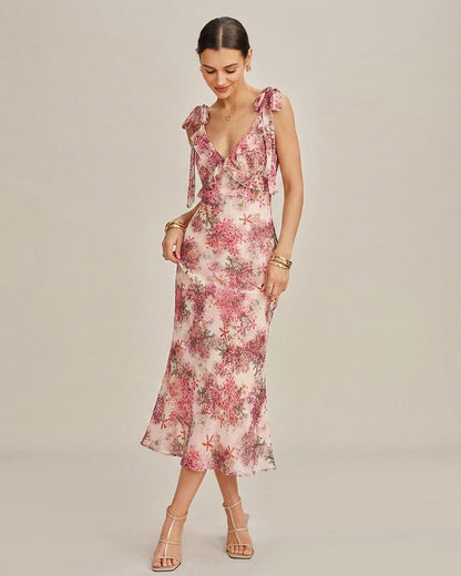 Vestido Midi de Tirantes con Volantes en Floral Rosa