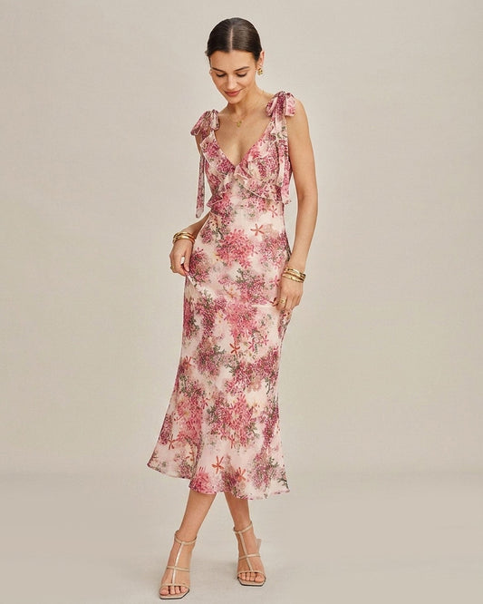 Vestido Midi de Tirantes con Volantes en Floral Rosa