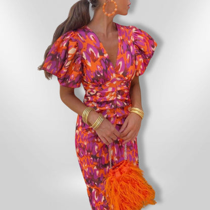 Noor™ - Vestido midi con mangas abullonadas