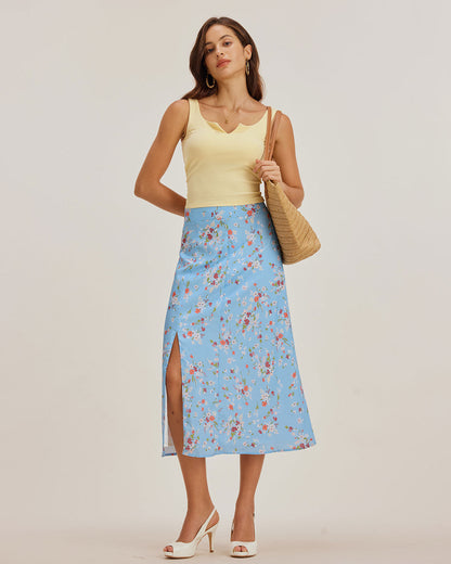 Falda Midi A-Line Floral Azul con Abertura